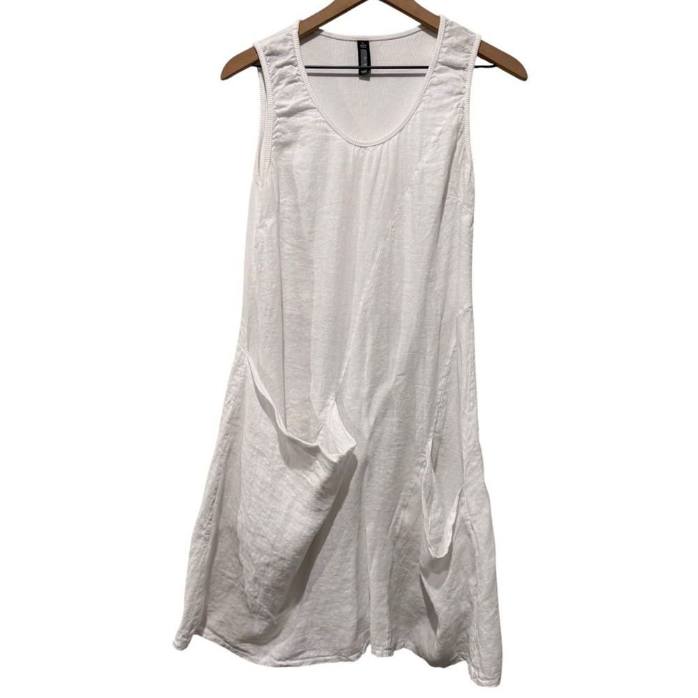 ONZ Inizio 100% Linen Dress L White Sleeveless Pocket Lagenlook Coastal Italy
